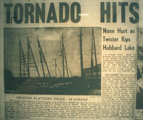 Paul Bunyan Drive-In Theatre - News Article On Tornado Incedent (newer photo)